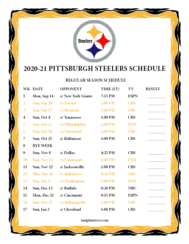 Printable 2020 2021 Pittsburgh Steelers Schedule With Free 