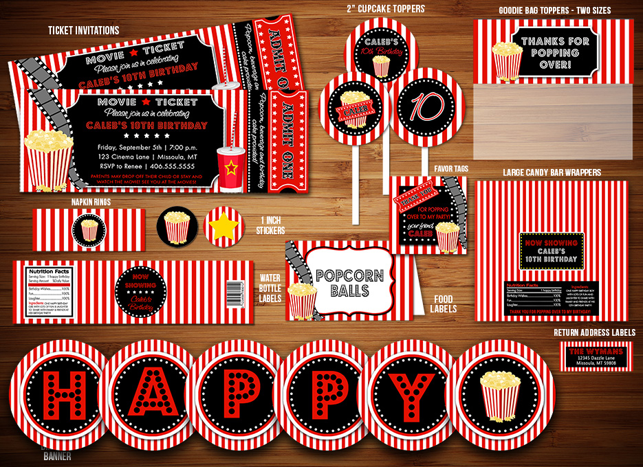 Printable Movie Night Birthday Party Package Decorations 