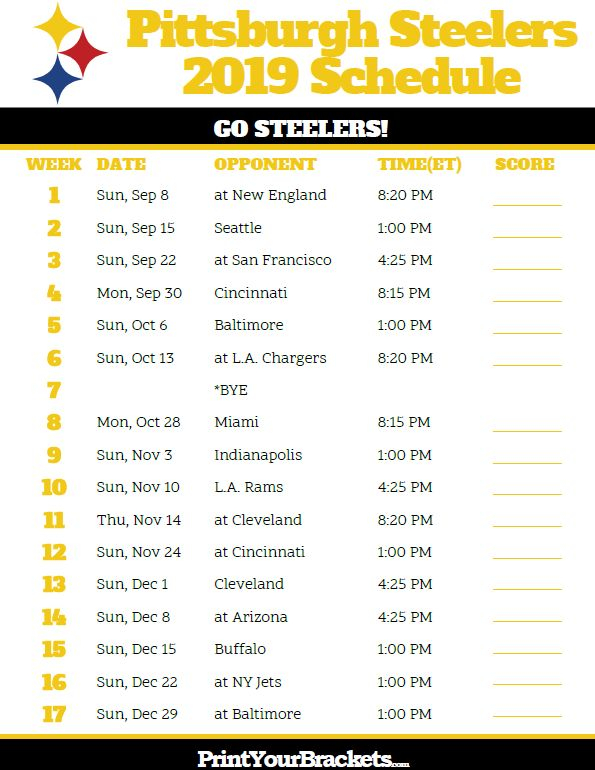 Printable Pittsburgh Steelers Schedule 2019 Season 