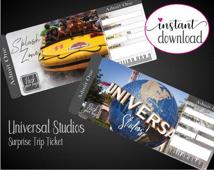 Printable UNIVERSAL STUDIOS Surprise Trip Tickets 