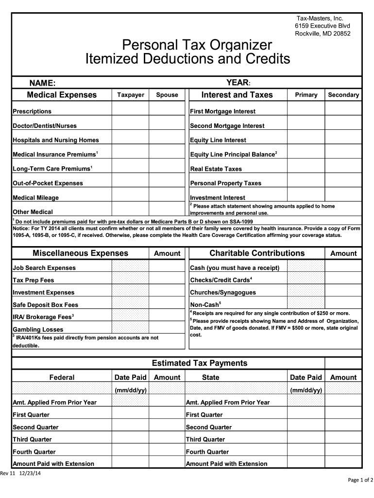 Printable Yearly Itemized Tax Deduction Worksheet Fill 