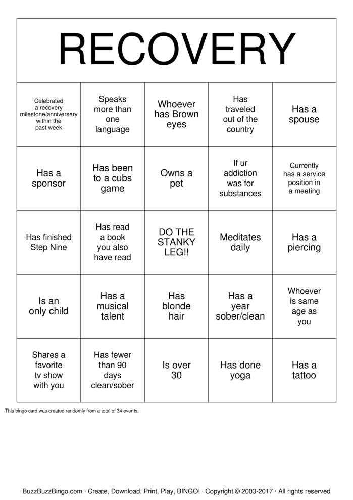 Recovery Bingo Cards To Download Print And Customize 
