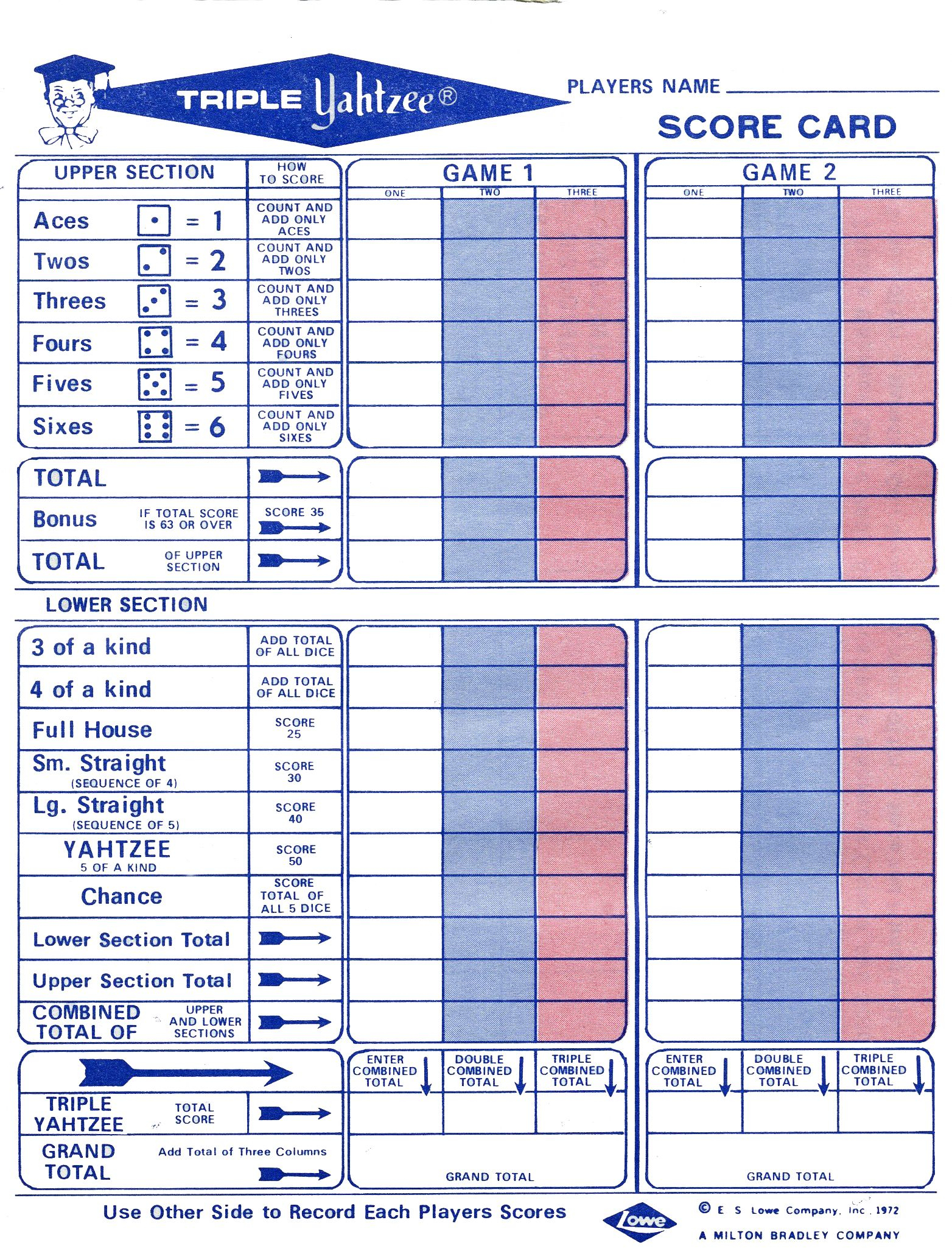 Template Triple Yahtzee Score Sheet Big Print Yahtzee 