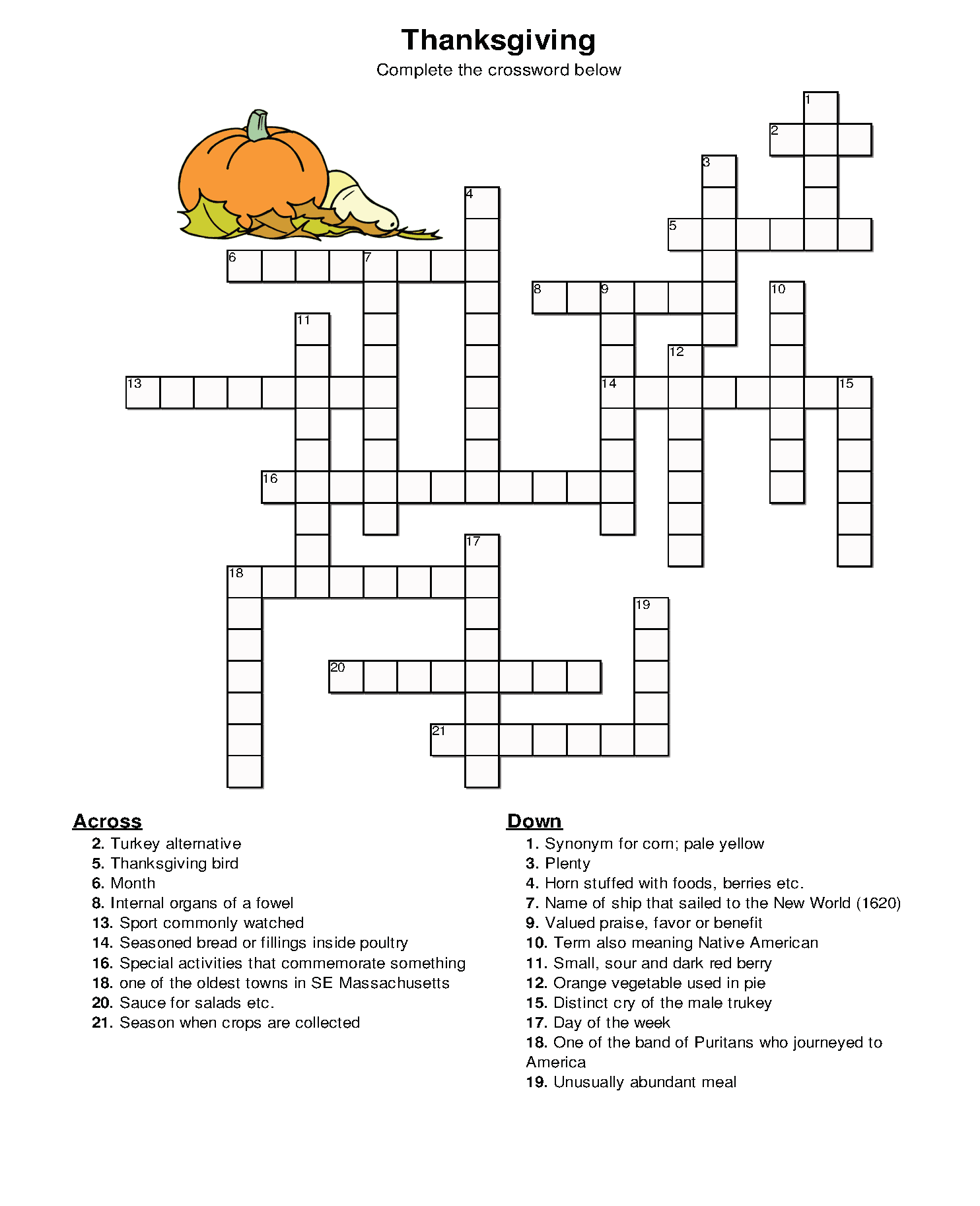 Thanksgiving Crossword Puzzle Printable Printable 