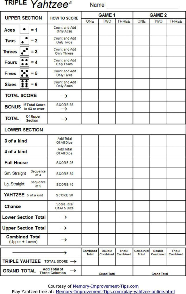 Triple Yahtzee Scoresheet Wedding Games For Kids 