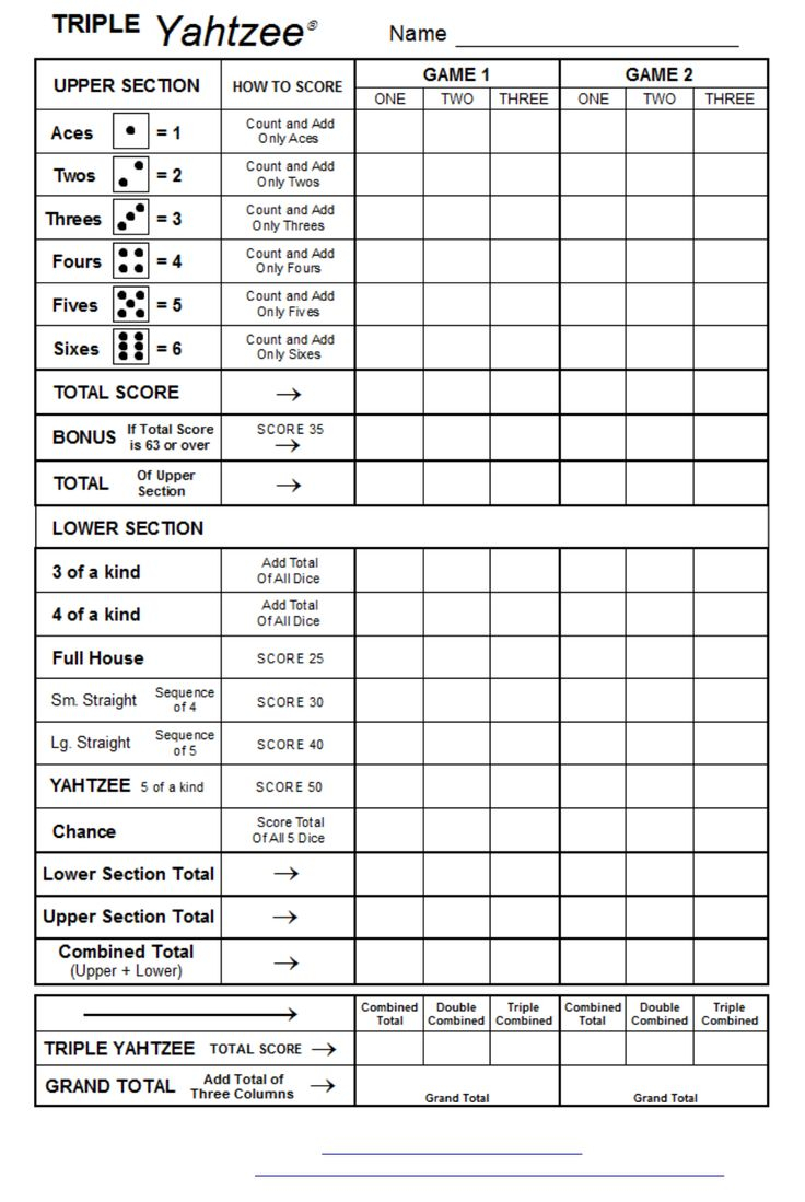 Triple Yahtzee Scoresheet Wedding Games For Kids Triple 
