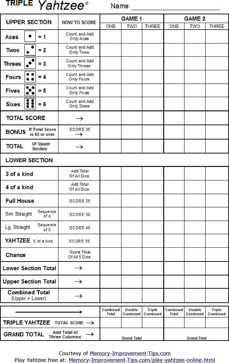 Triple Yahtzee Scoresheet Wedding Games For Kids