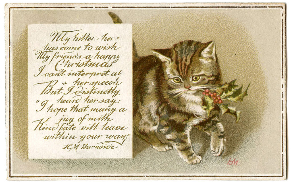 Vintage Christmas Image Kitty With Holly Gift Tags 