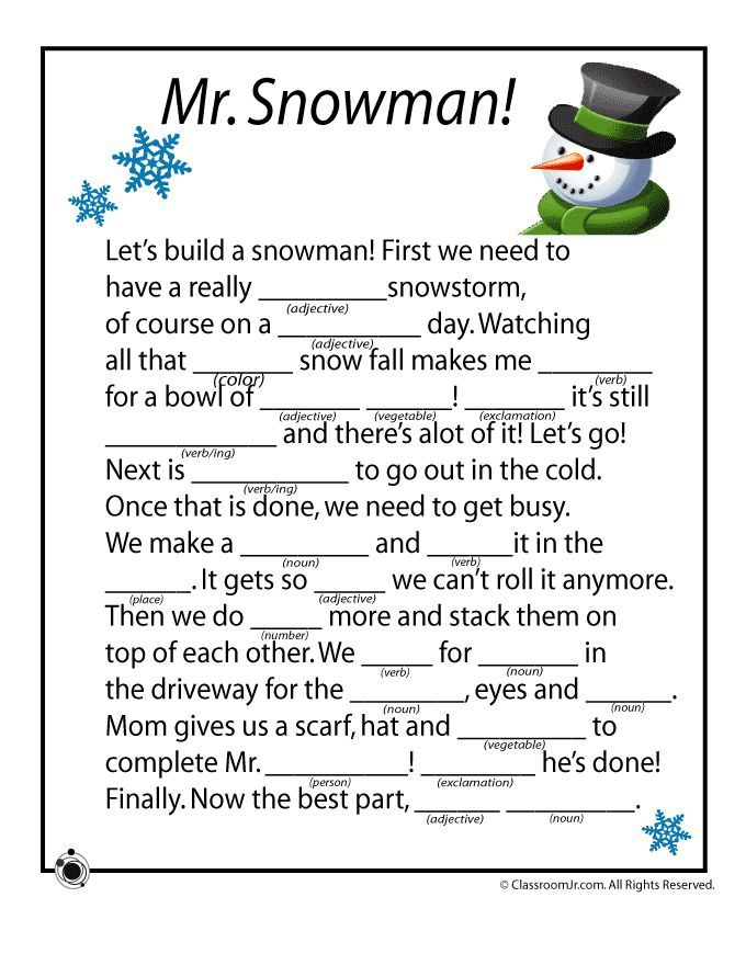 Winter Mad Libs Winter Mad Libs Mr Snowman Classroom 