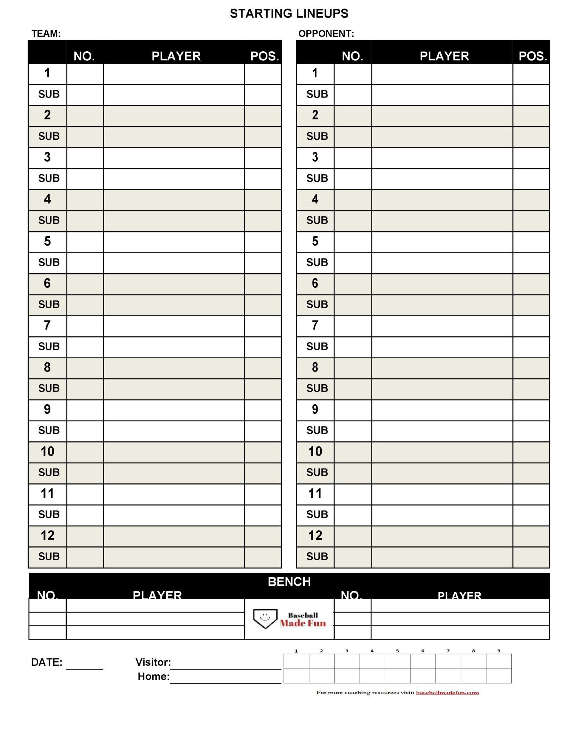 33 Printable Baseball Lineup Templates Free Download 