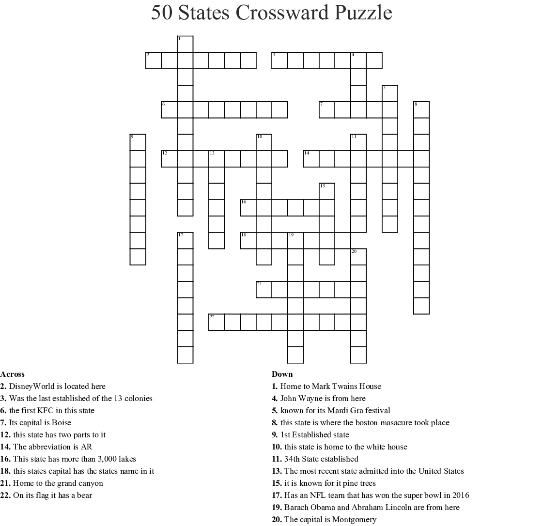 50 States Crossword Puzzle Printable Printable Crossword 