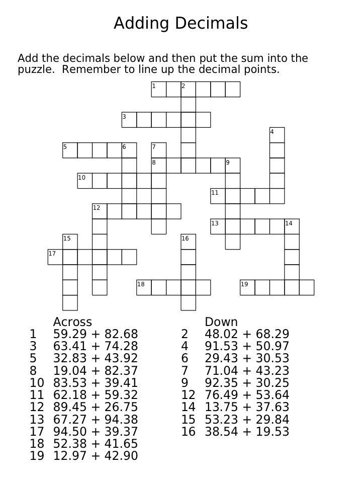 6th Grade Math Crossword Puzzles Decimal Crossword Puzzles 