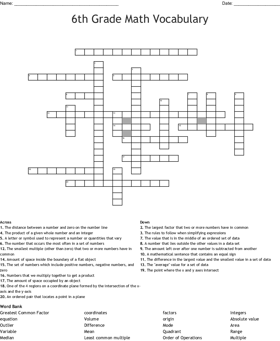 6th Grade Math Vocabulary Crossword WordMint