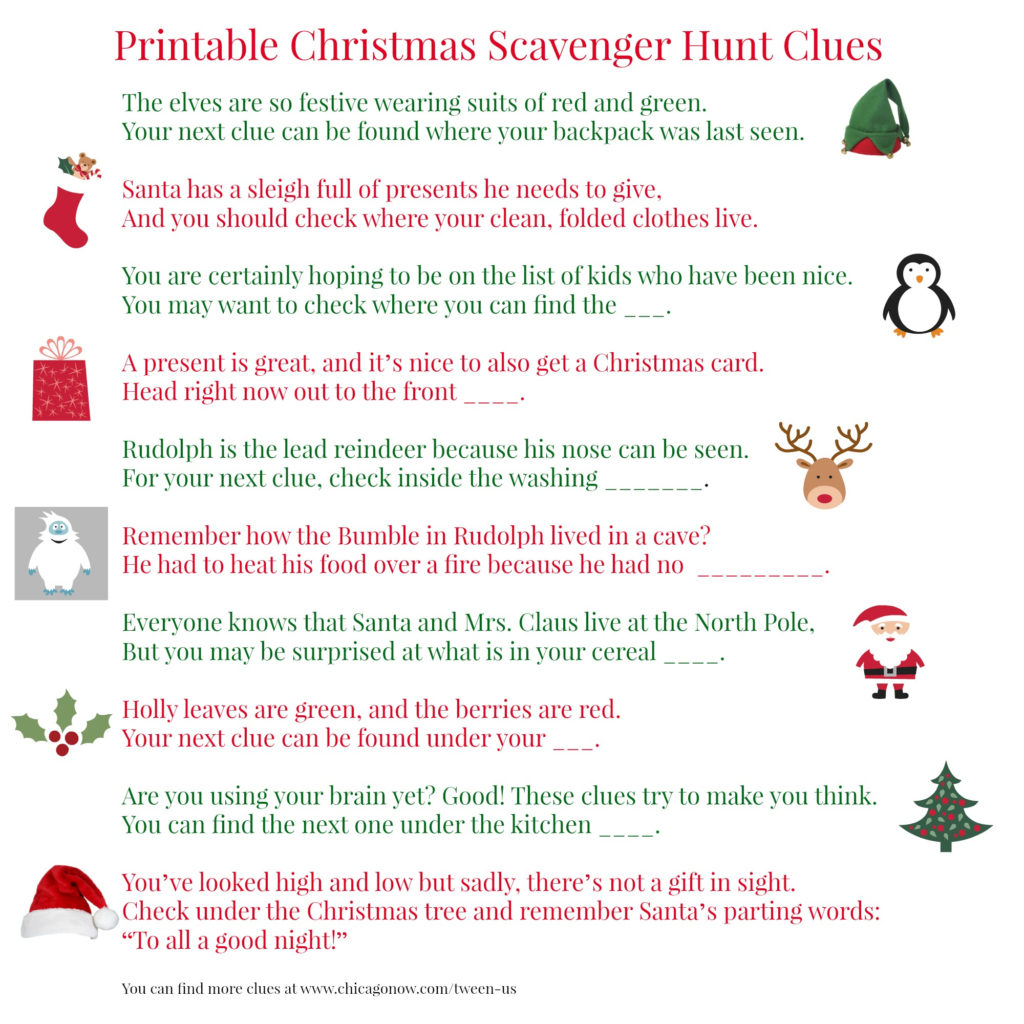 70 Printable Christmas Scavenger Hunt Clues Between Us 