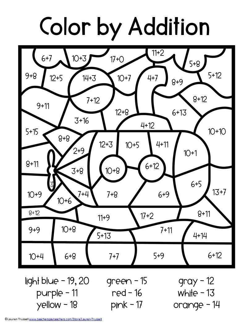 Addition Color By Number 2nd Grade Math Worksheets Math 