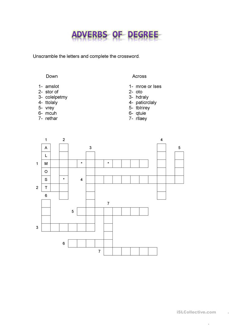 Adverbs Of Degree Crossword Worksheet Free ESL Printable 