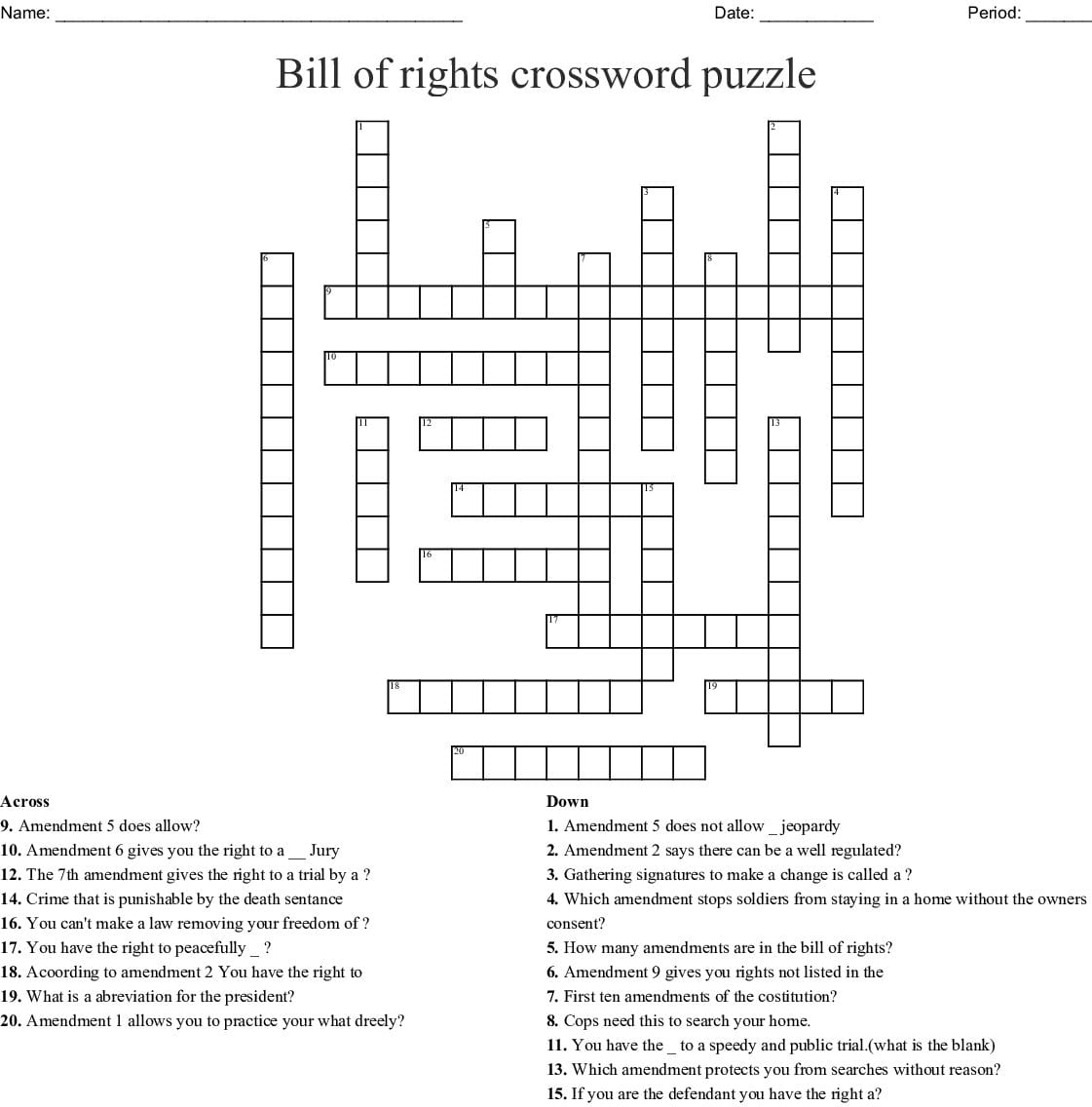 Bill Of Rights Crossword Puzzle Printable Printable 