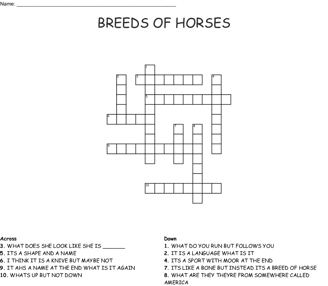 BREEDS OF HORSES Crossword WordMint