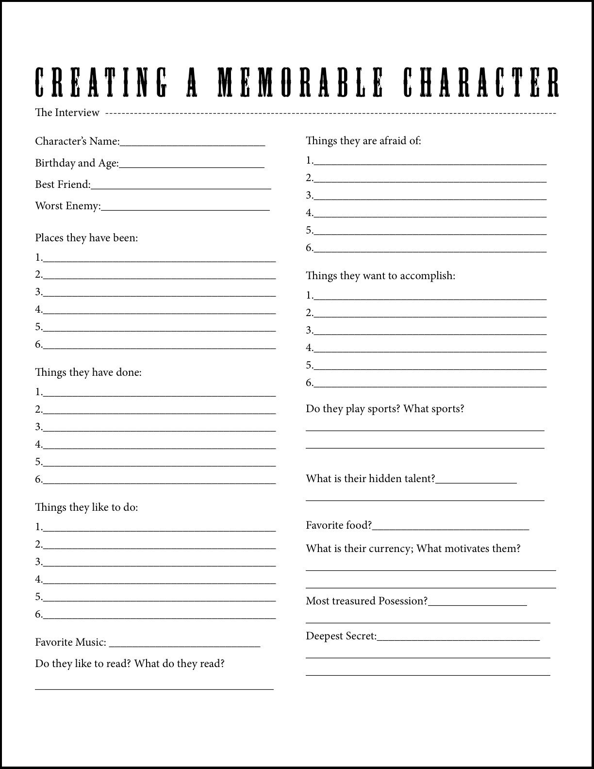 Character Interview A Worksheet For Beginners Writers 