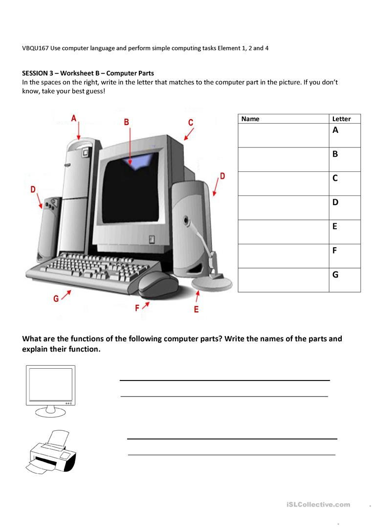 Computer Parts And Their Functions Worksheet Free ESL 
