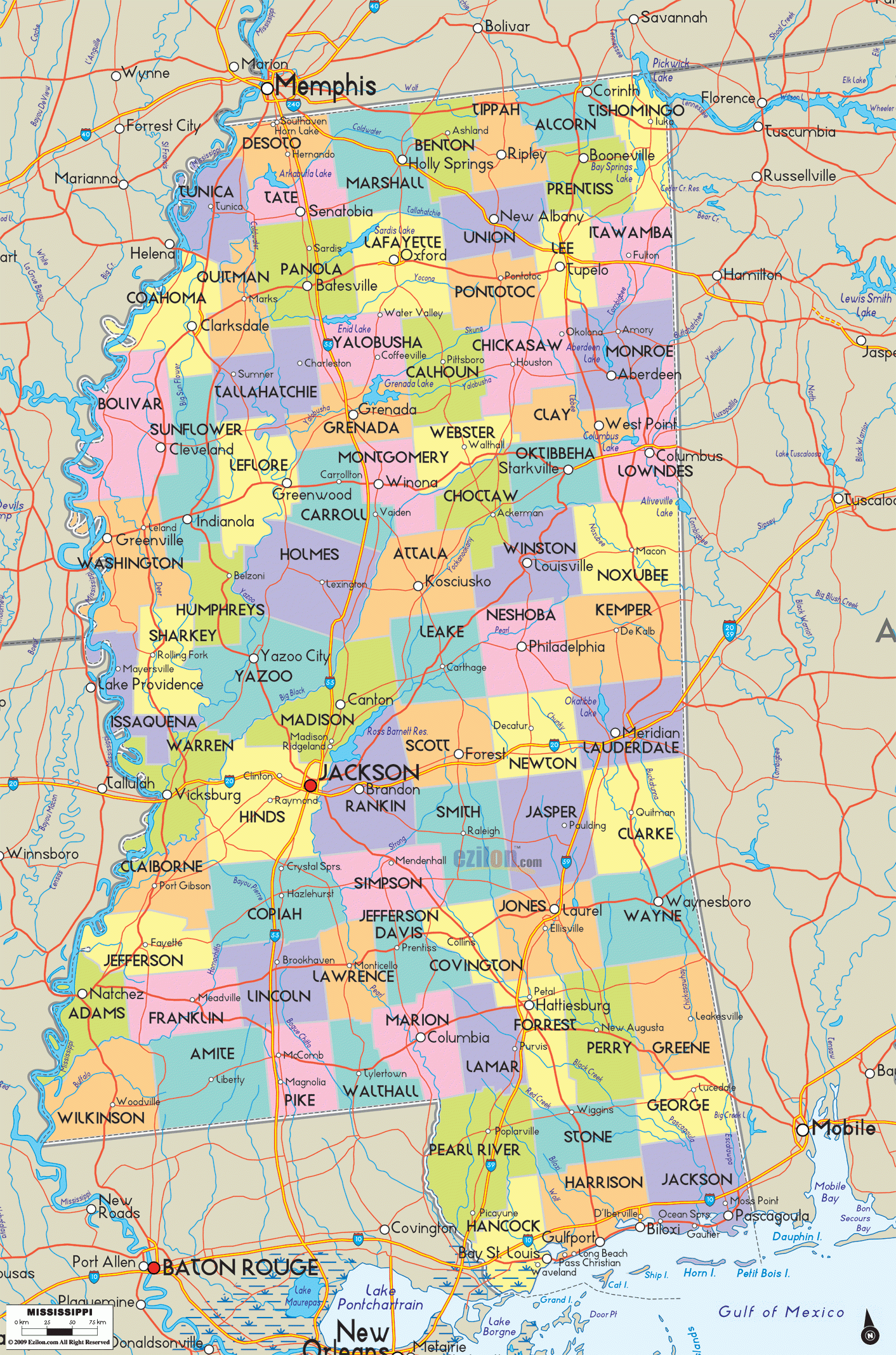Detailed Political Map Of Mississippi Ezilon Maps