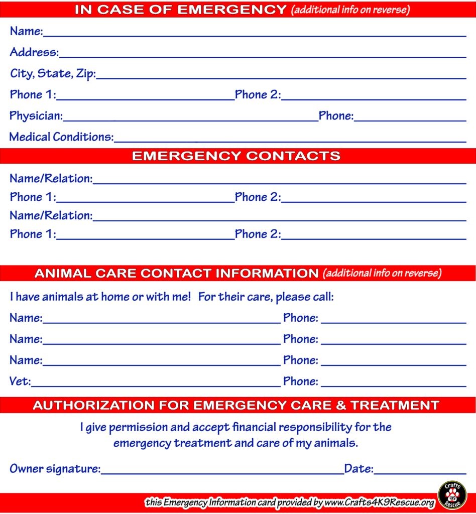 Emergency Information Card Template By Crafts4K9Rescue On
