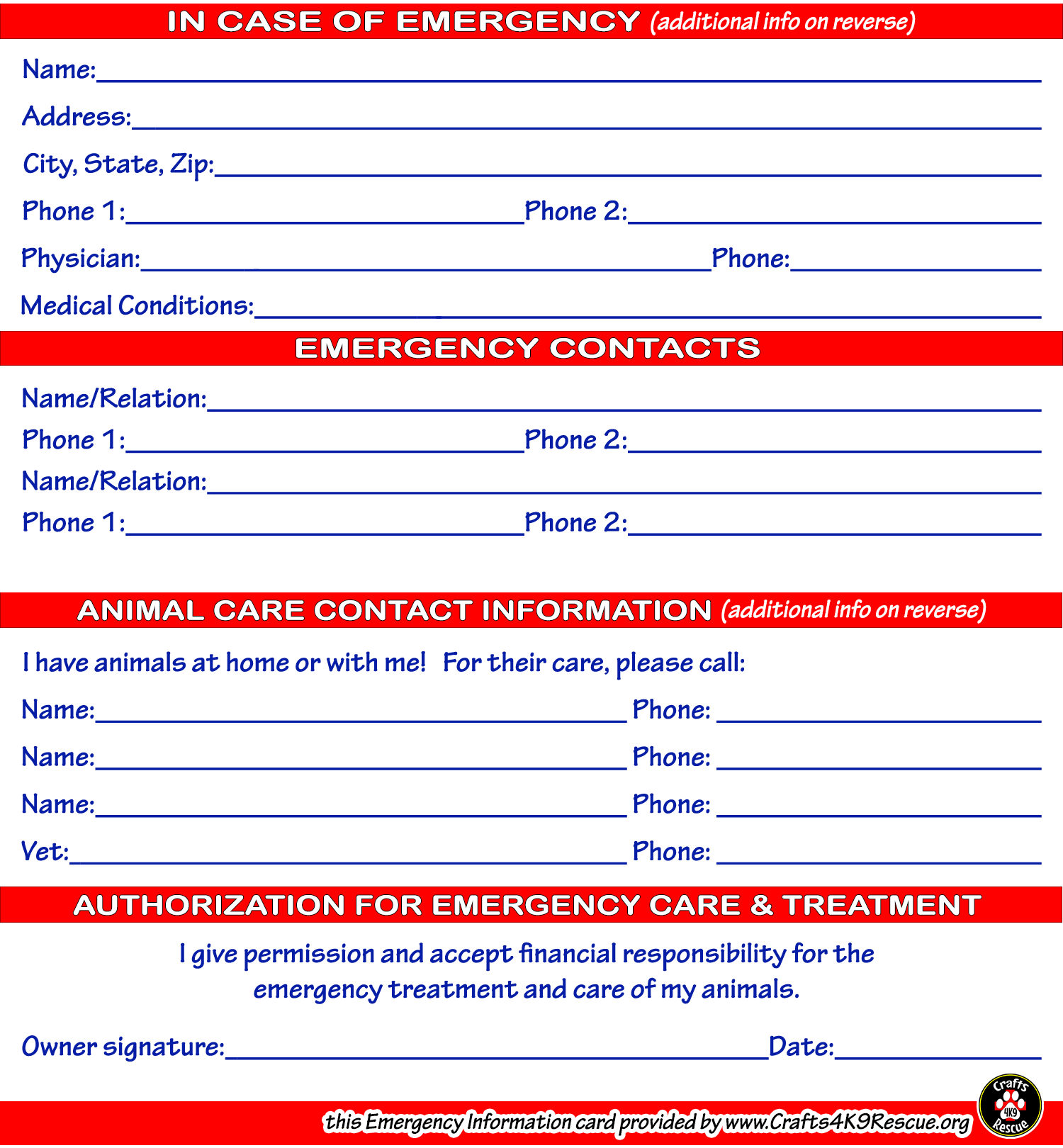 Emergency Information Card Template By Crafts4K9Rescue On 