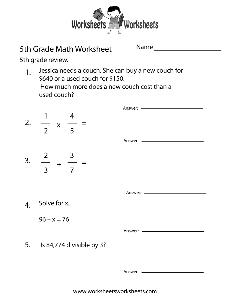 Free Printable Fifth Grade Math Practice Worksheet
