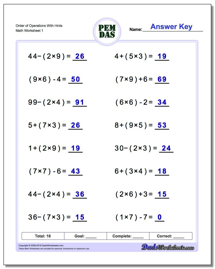 Free Printable Math Worksheets 6Th Grade Order Operations