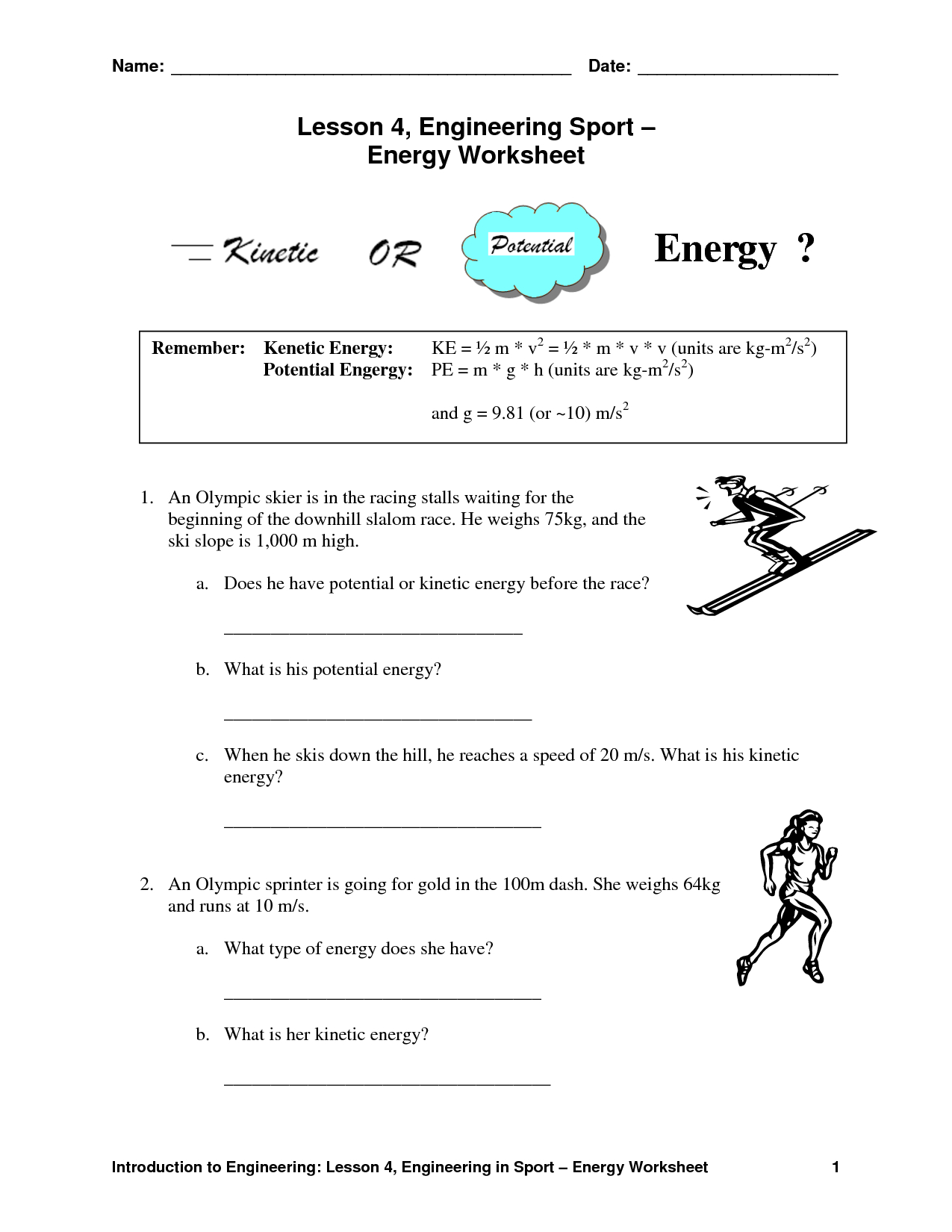 Free Printable Worksheets On Potential And Kinetic Energy 