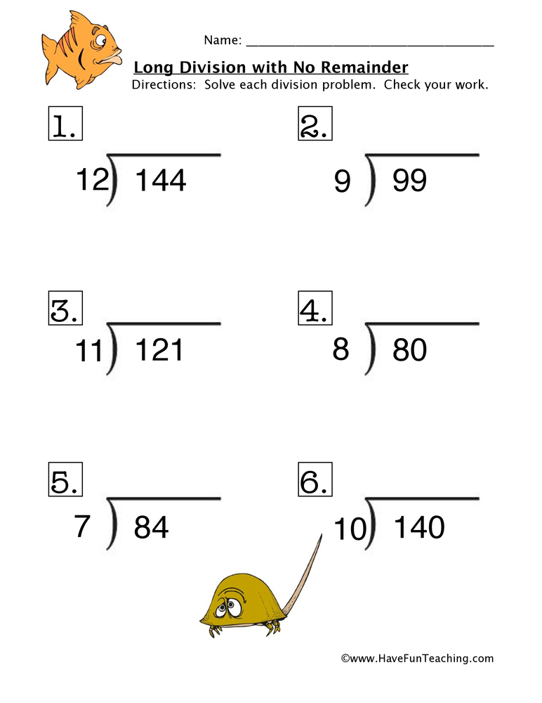 Long Division Problems No Remainder Worksheet Have Fun 