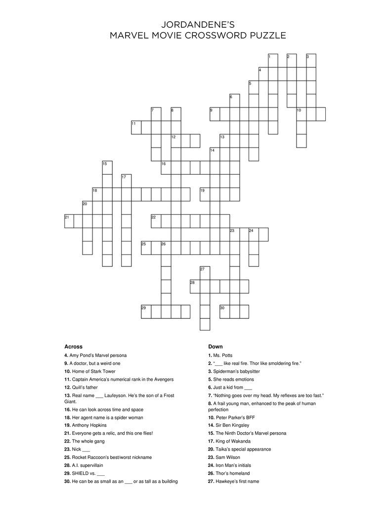 Marvel Movies Crossword Puzzle Jordandene Crossword 
