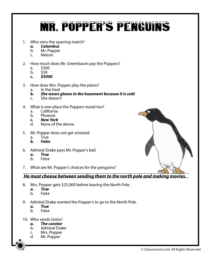 Mr Popper s Penguins Comprehension Quiz 2 Answer Key
