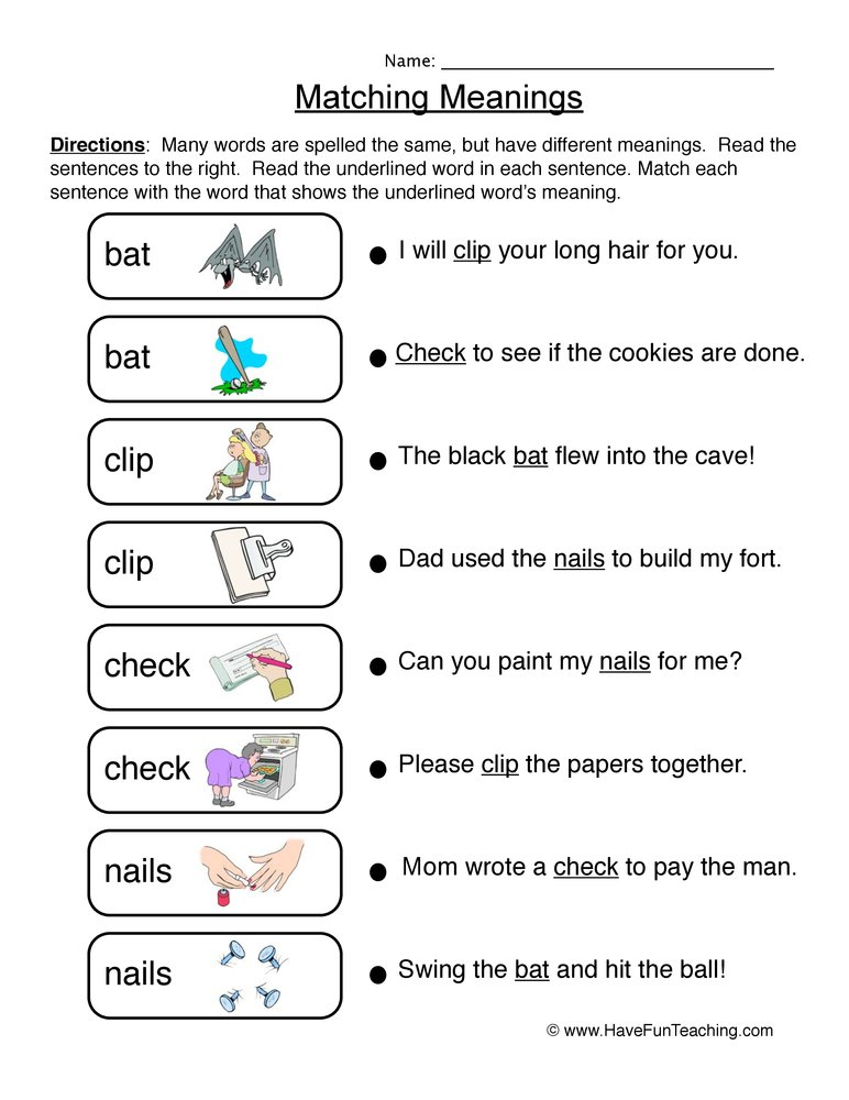 Multiple Meaning Worksheet 2 Matching