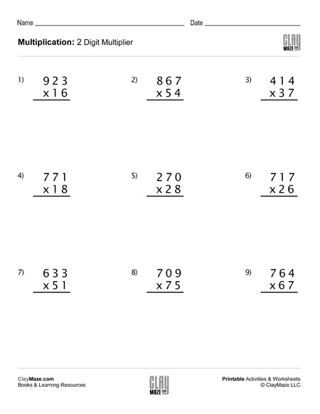 Multiplication Using 3 Digits With 2 Digit Multiplier Set 