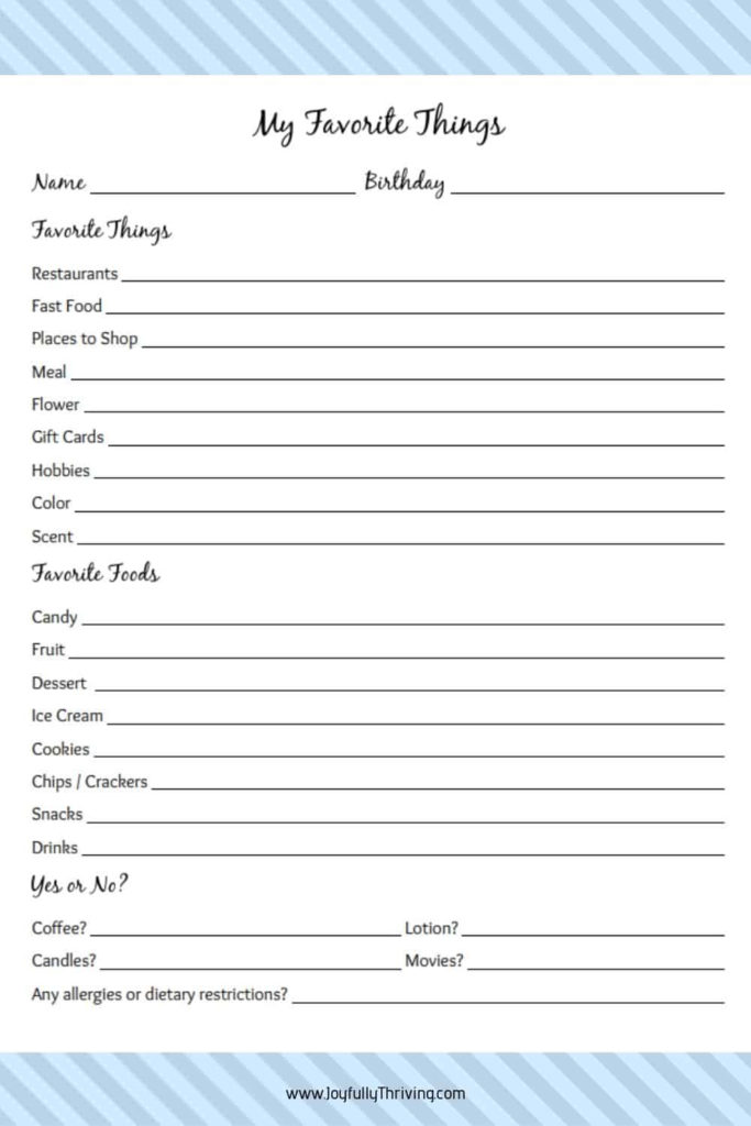 My Favorite Things List Free Printable Gift Ideas For