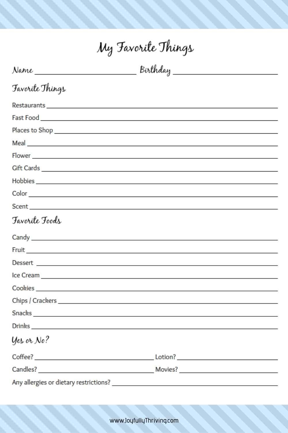 My Favorite Things List Free Printable Gift Ideas For