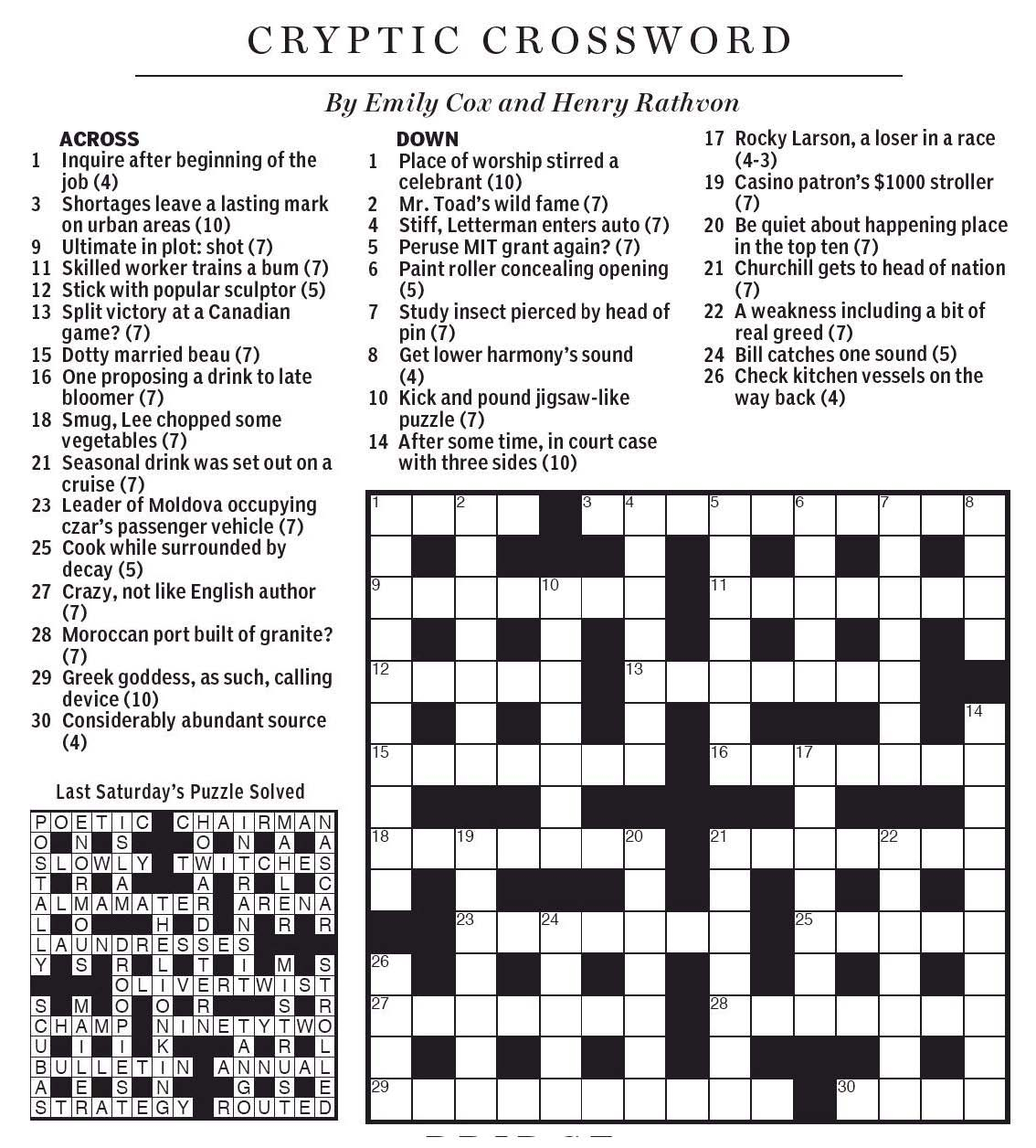 National Post Cryptic Crossword Forum Saturday October 