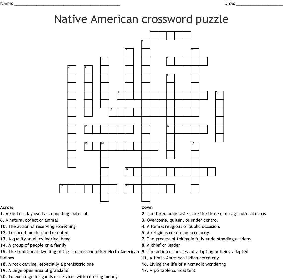 Native American Crossword Puzzle Printable Printable 