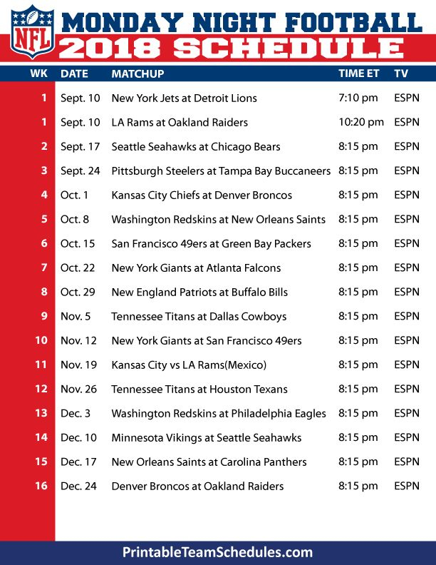 NFL 2018 Schedule L NFL2018 Gameday Party Monday Night 