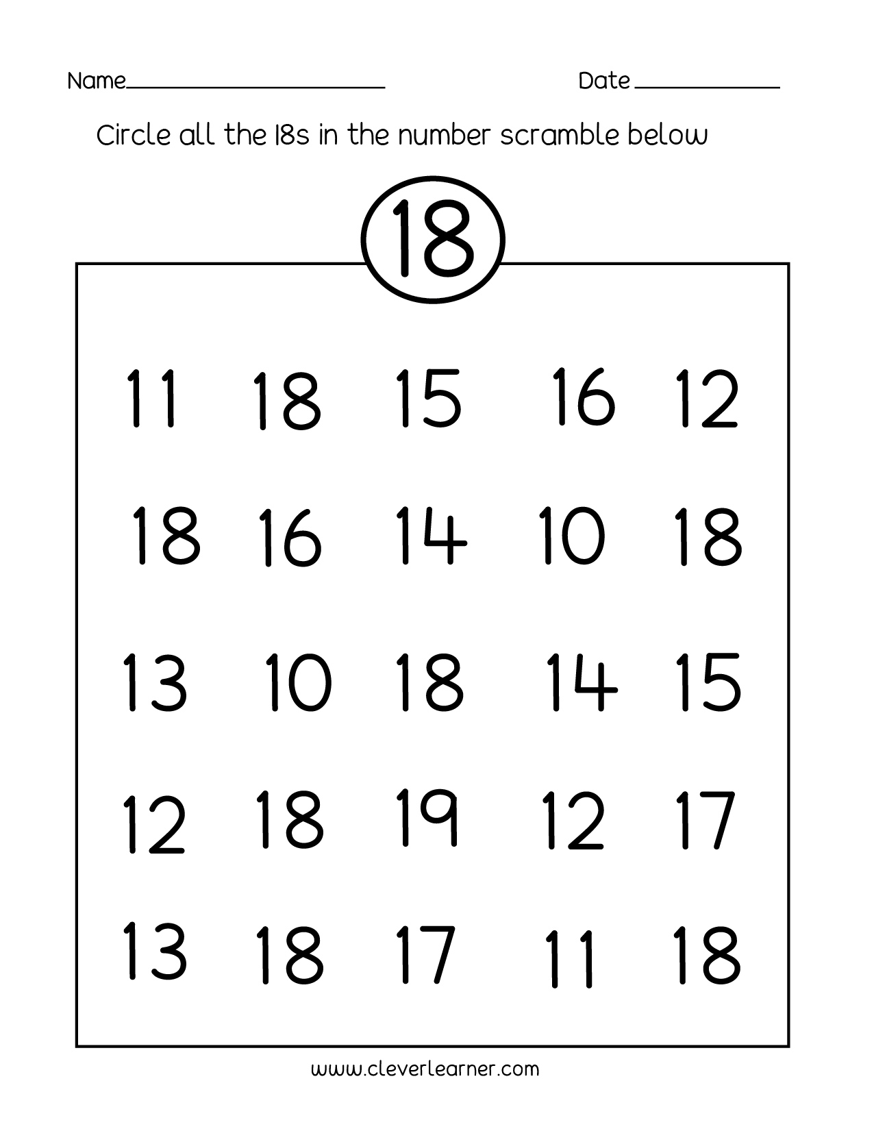Number 18 Writing Counting And Identification Printable 