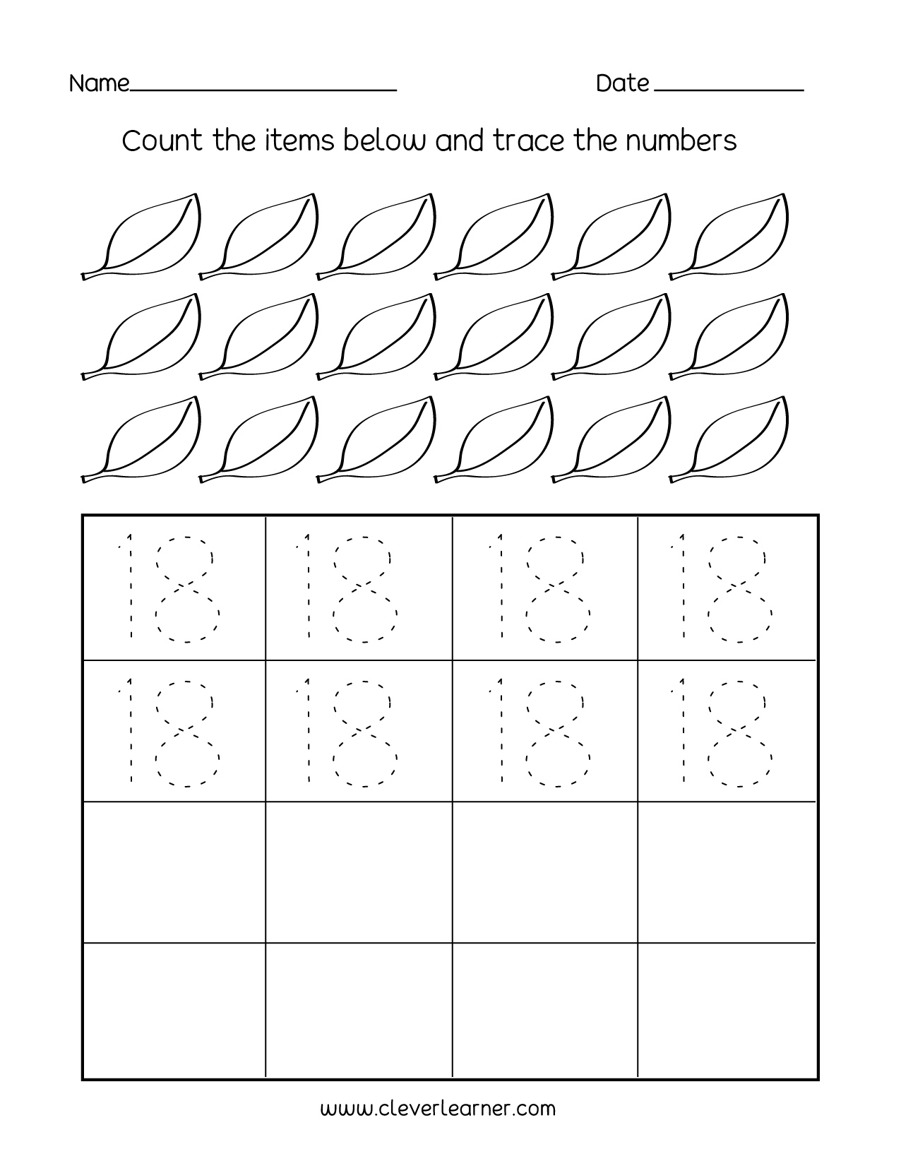 Number 18 Writing Counting And Identification Printable 