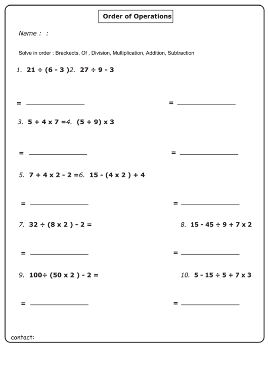 Order Of Operation Worksheet With Answer Key Printable Pdf 