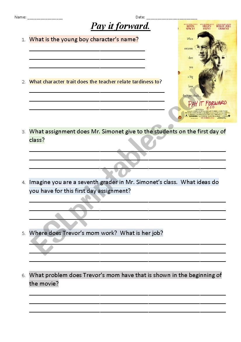 Pay It Forward ESL Worksheet By Sunshine 11