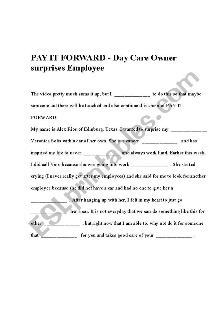 Pay It Forward ESL Worksheet By Tima