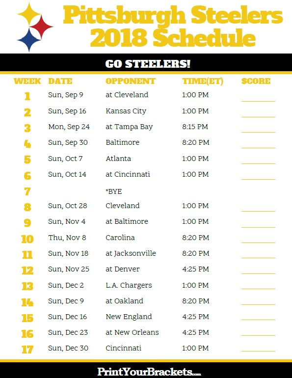 Printable 2018 Pittsburgh Steelers Football Schedule 