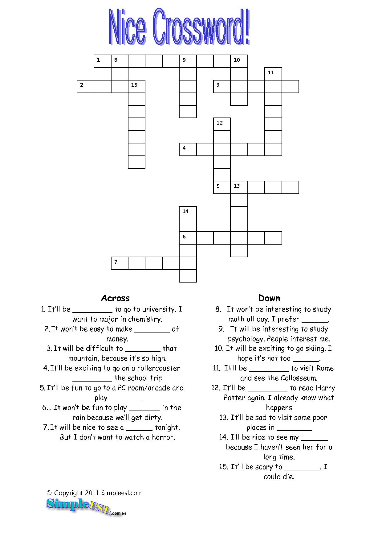 Printable Crossword Puzzle For Esl Students Printable 