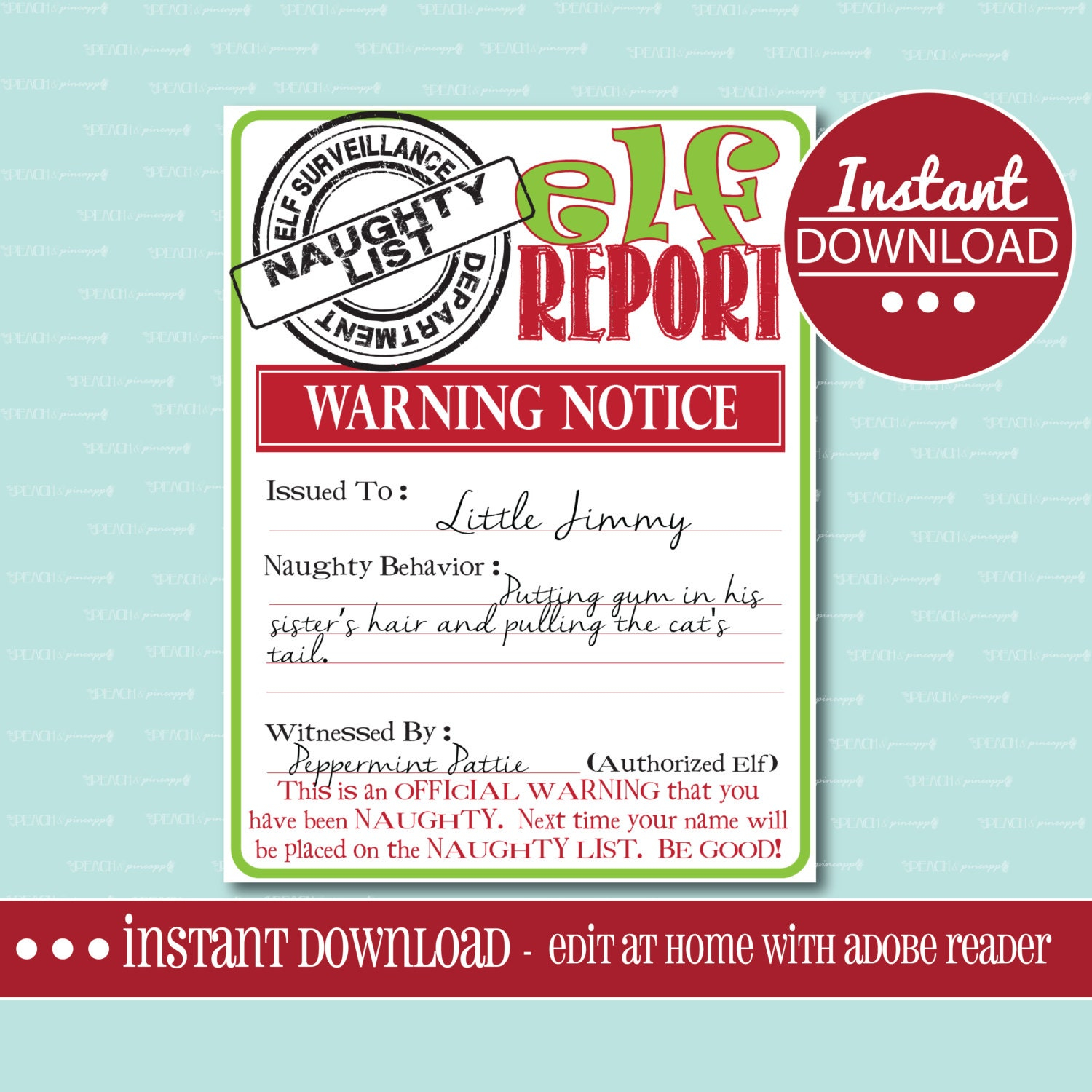 PRINTABLE ELF Naughty List WARNING Cards Digital Editable