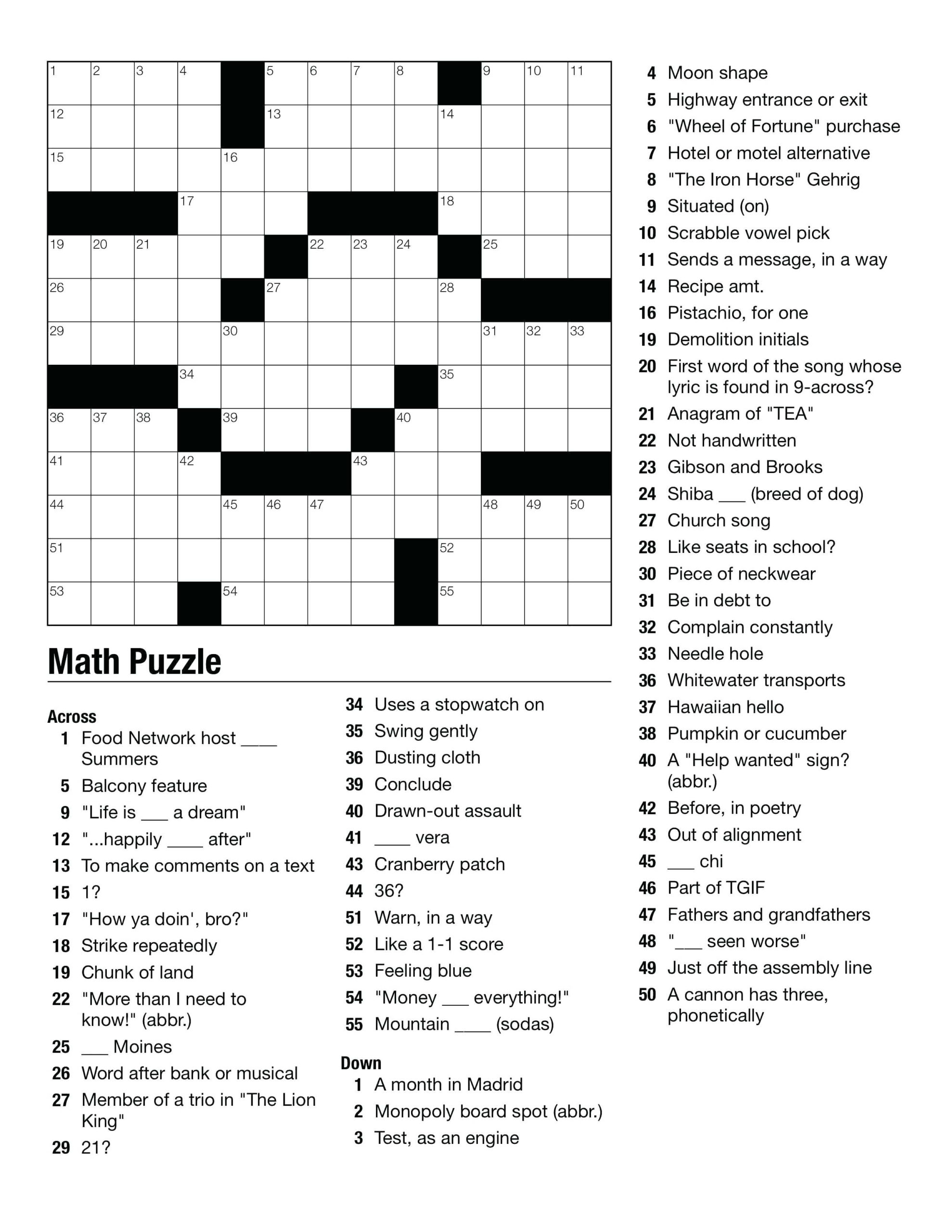Printable Math Crossword Puzzles For High School 
