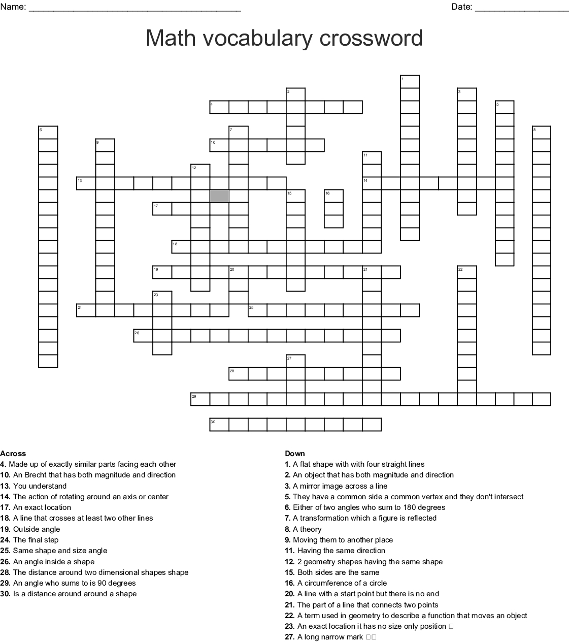 Printable Math Vocabulary Crossword Puzzles Printable 